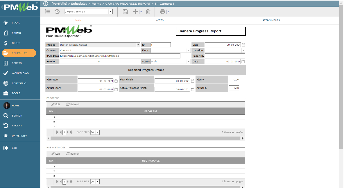 PMWeb 7 Schedules Forms Camera Progress Report Camera 1 Main 