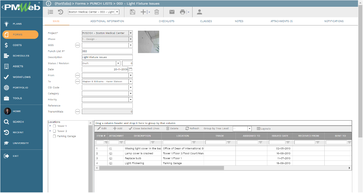 PMWeb 7 Forms Punch Lists Main 