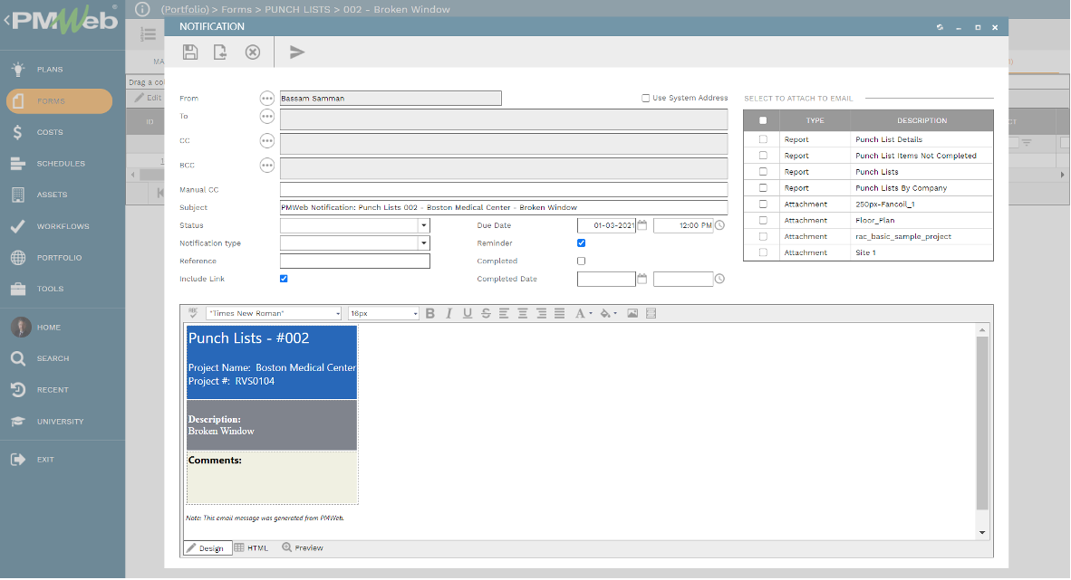 PMWeb 7 Forms Punch Lists Notifications 