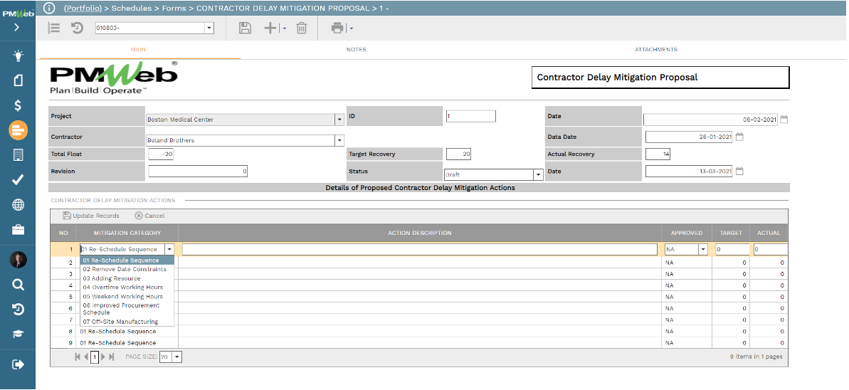 PMWeb 7 Schedules Forms Contractor Delay Mitigation Proposal Main 