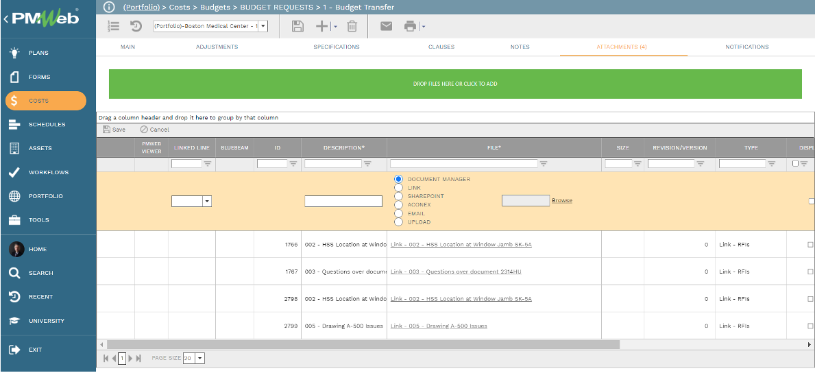 PMWeb 7 Costs Budgets Budget Requests Budget Transfer 