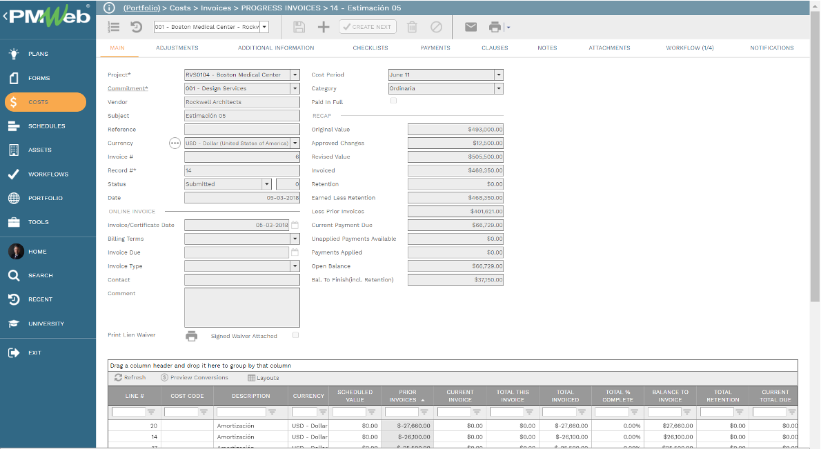 PMWeb 7 Costs Invoices Progress Invoices Estimation  Main 