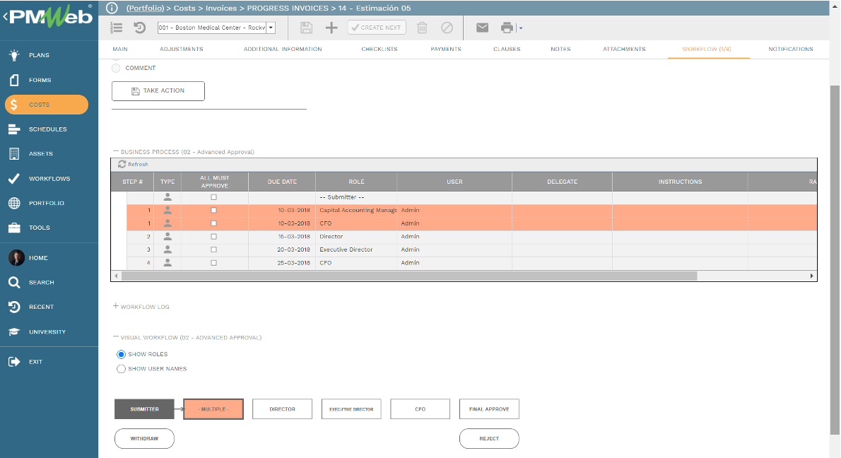 PMWeb 7 Costs Invoices Progress Invoices Estimation  Workflow 