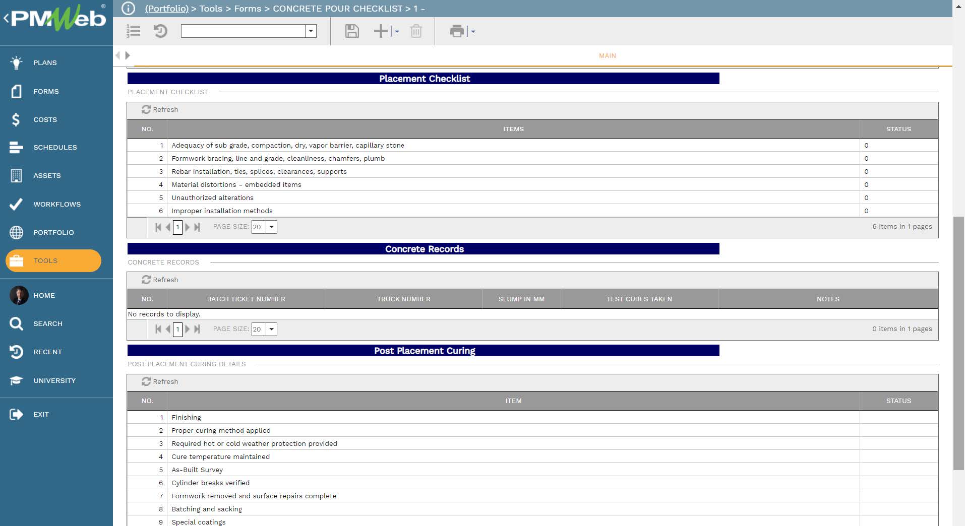 PMWeb Tools Forms Concrete Pour Checklist Main