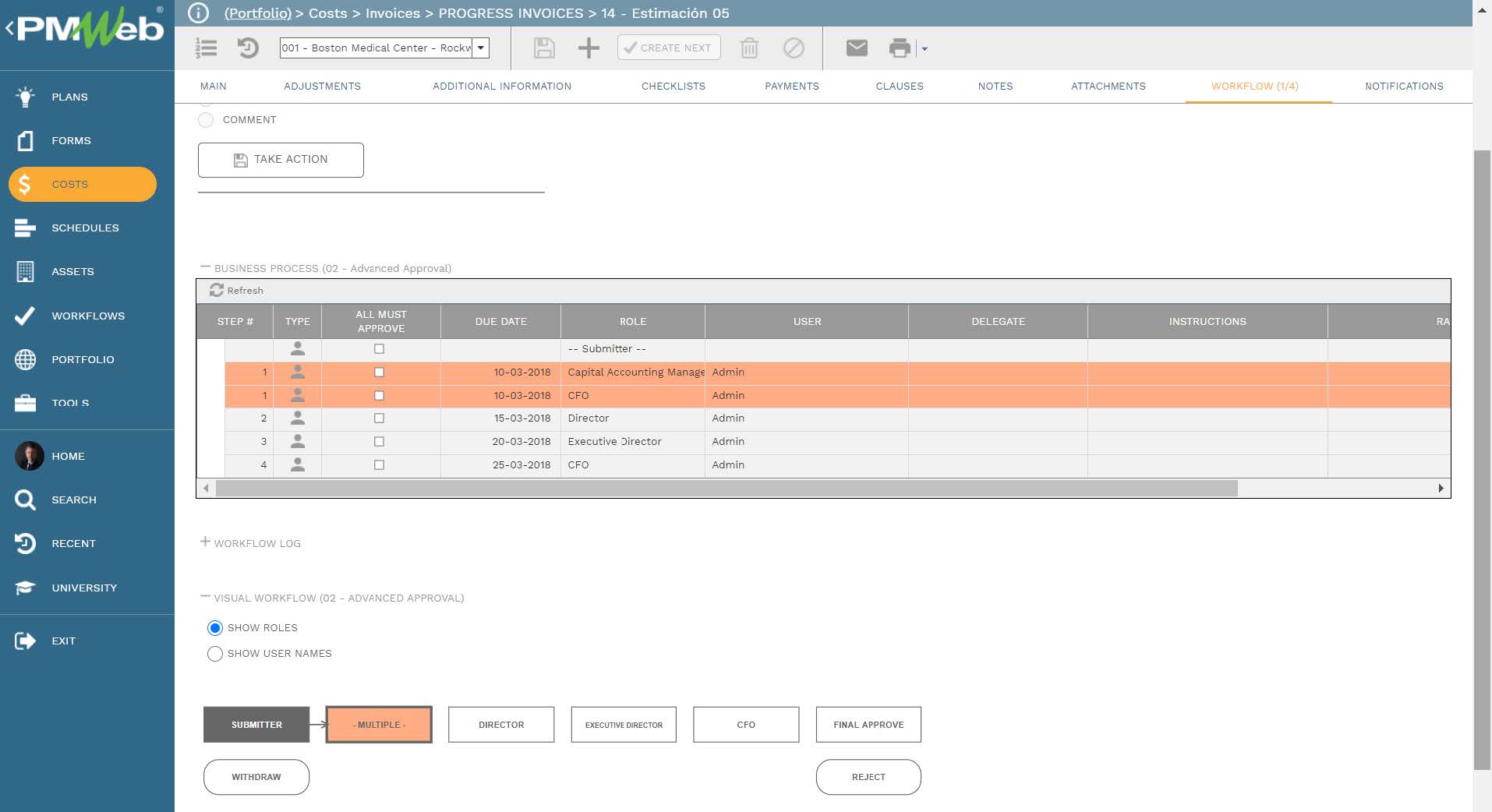 PMWeb 7 Costs Invoices Progress Invoices Estimation Workflow 