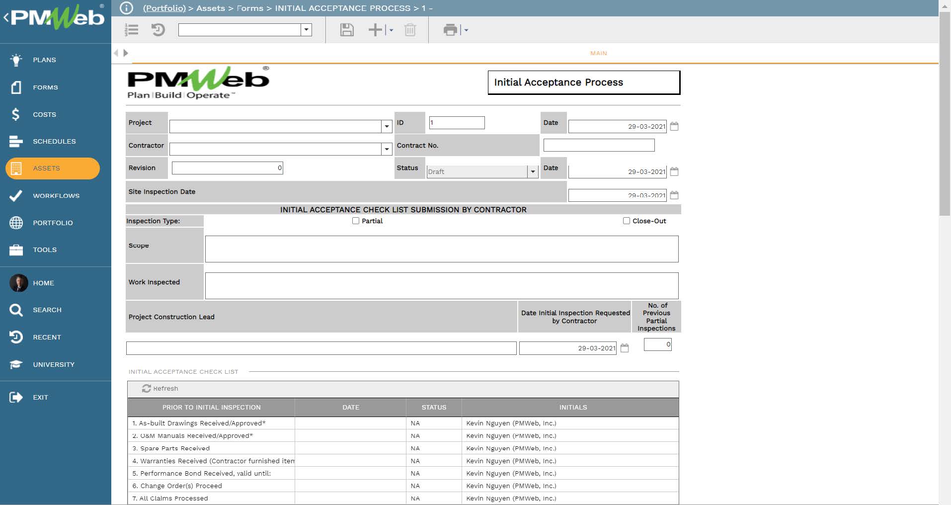 PMWeb 7 Assets Forms Initial Acceptance Process Main 