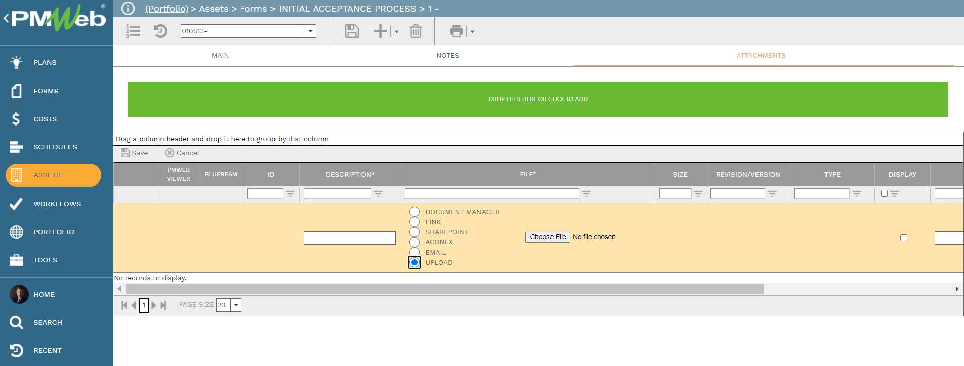 PMWeb 7 Assets Forms Initial Acceptance Process Attachments