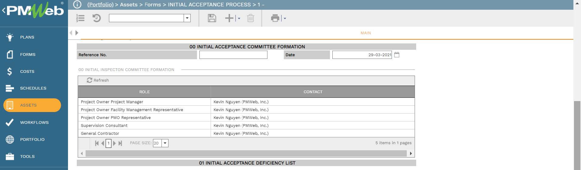 PMWeb 7 Assets Forms Initial Acceptance Process Main