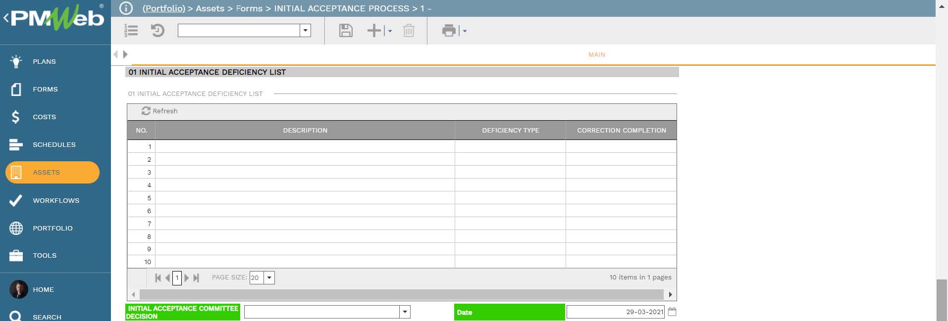 PMWeb 7 Assets Forms Initial Acceptance Process Main