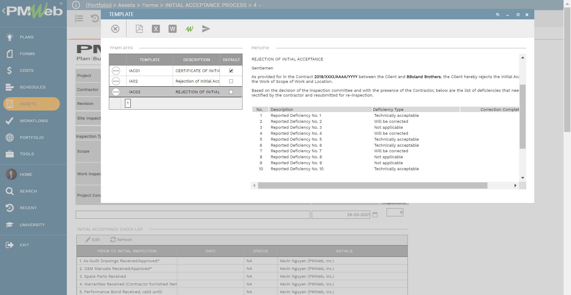 PMWeb 7 Assets Forms Initial Acceptance Process Template