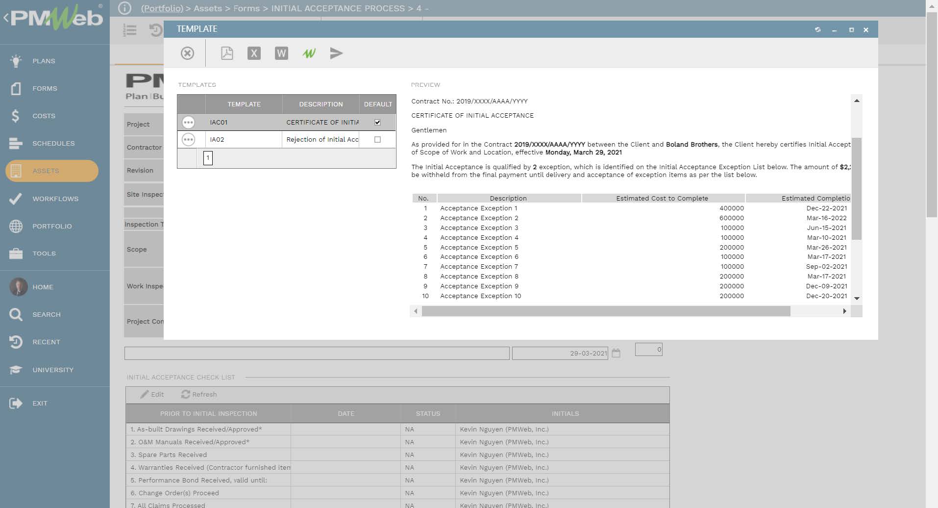 PMWeb 7 Assets Forms Initial Acceptance Process Template 