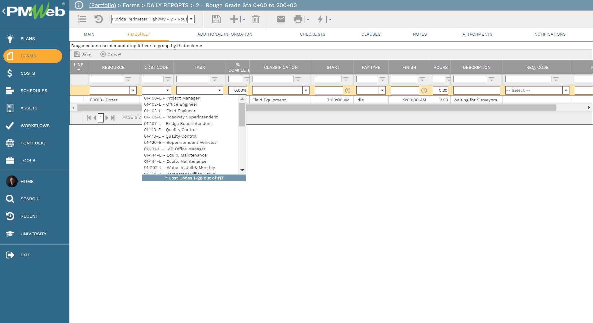 PMWeb 7 Forms Daily Reports Rough Grade Sta Timesheet