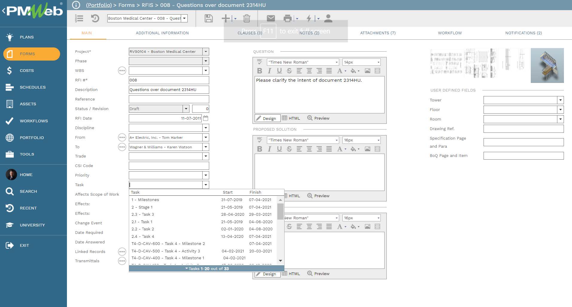 PMWeb 7 Forms RFIs Questions Over Document Main