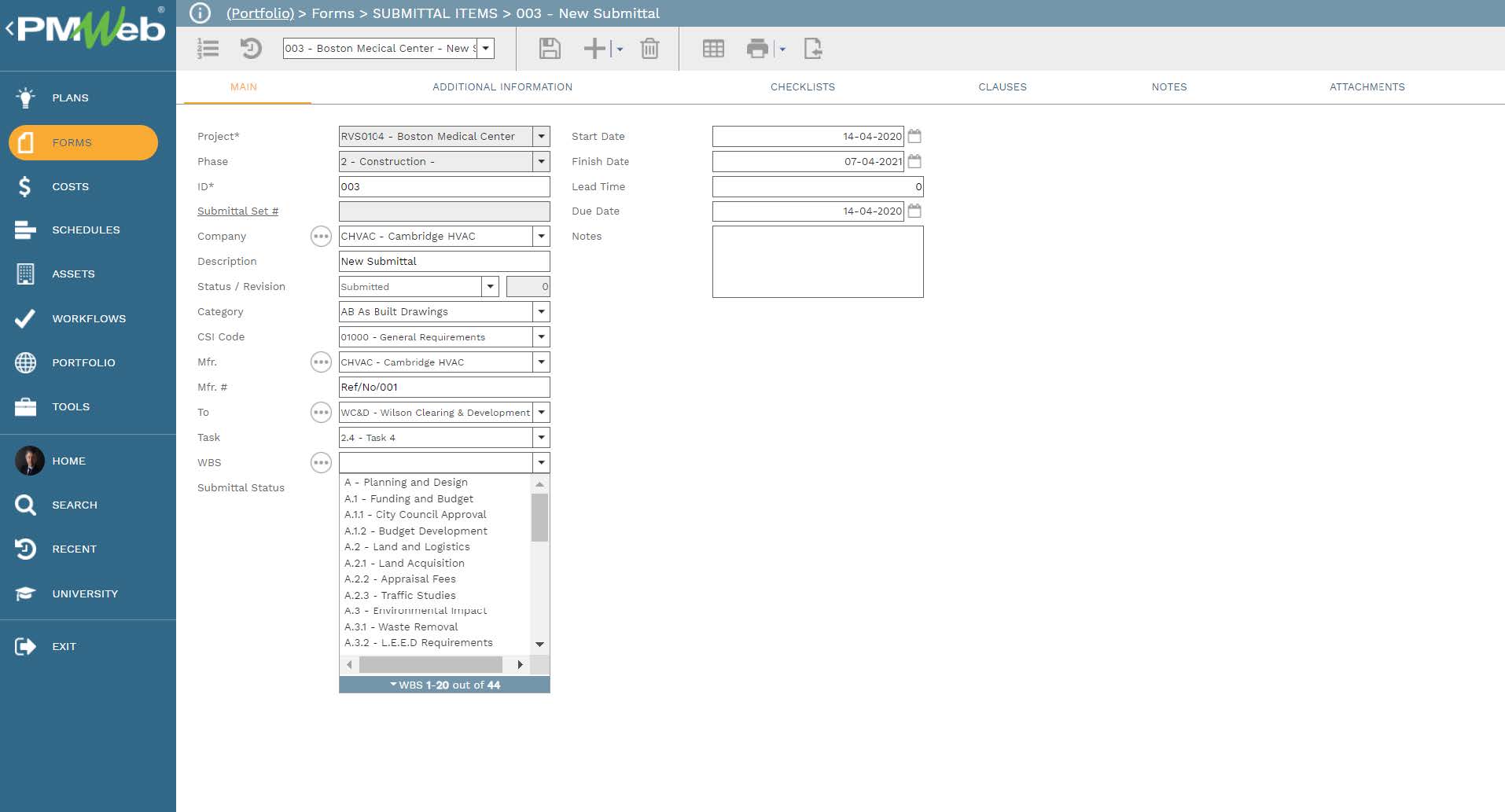 PMWeb 7 Forms Submittal Times New Submittal Main