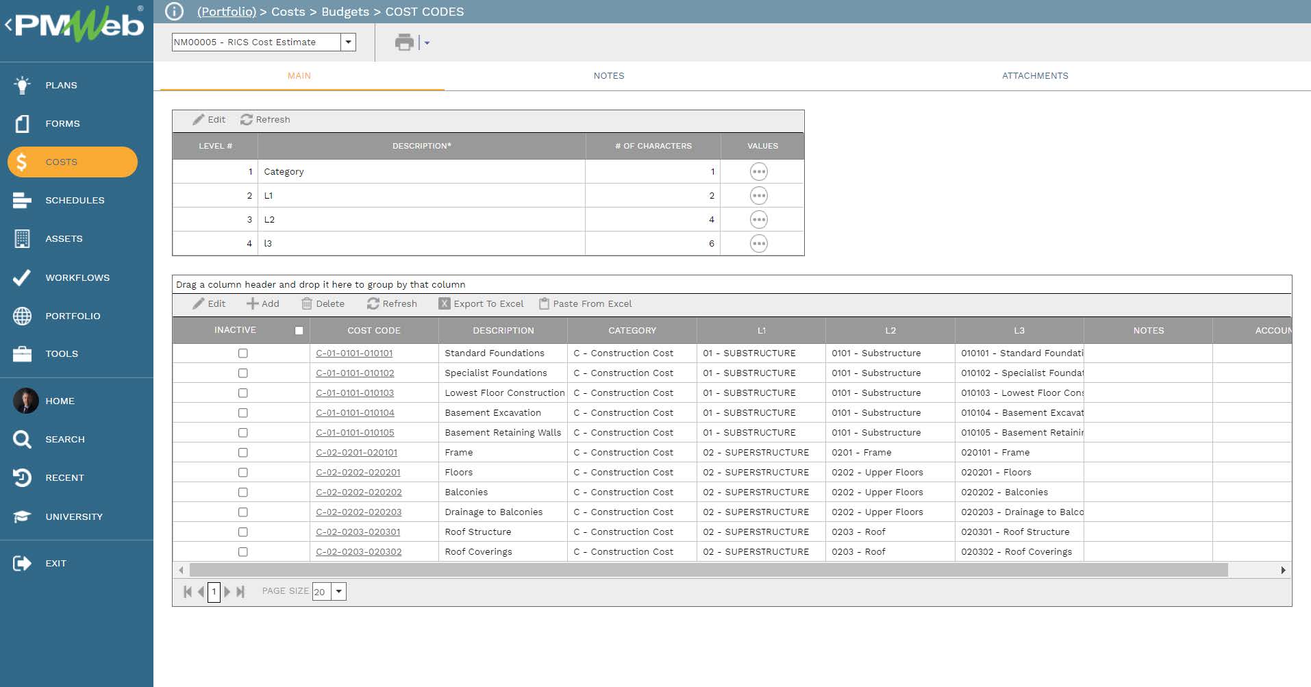 PMWeb 7 Costs Budgets Cost Codes Main 