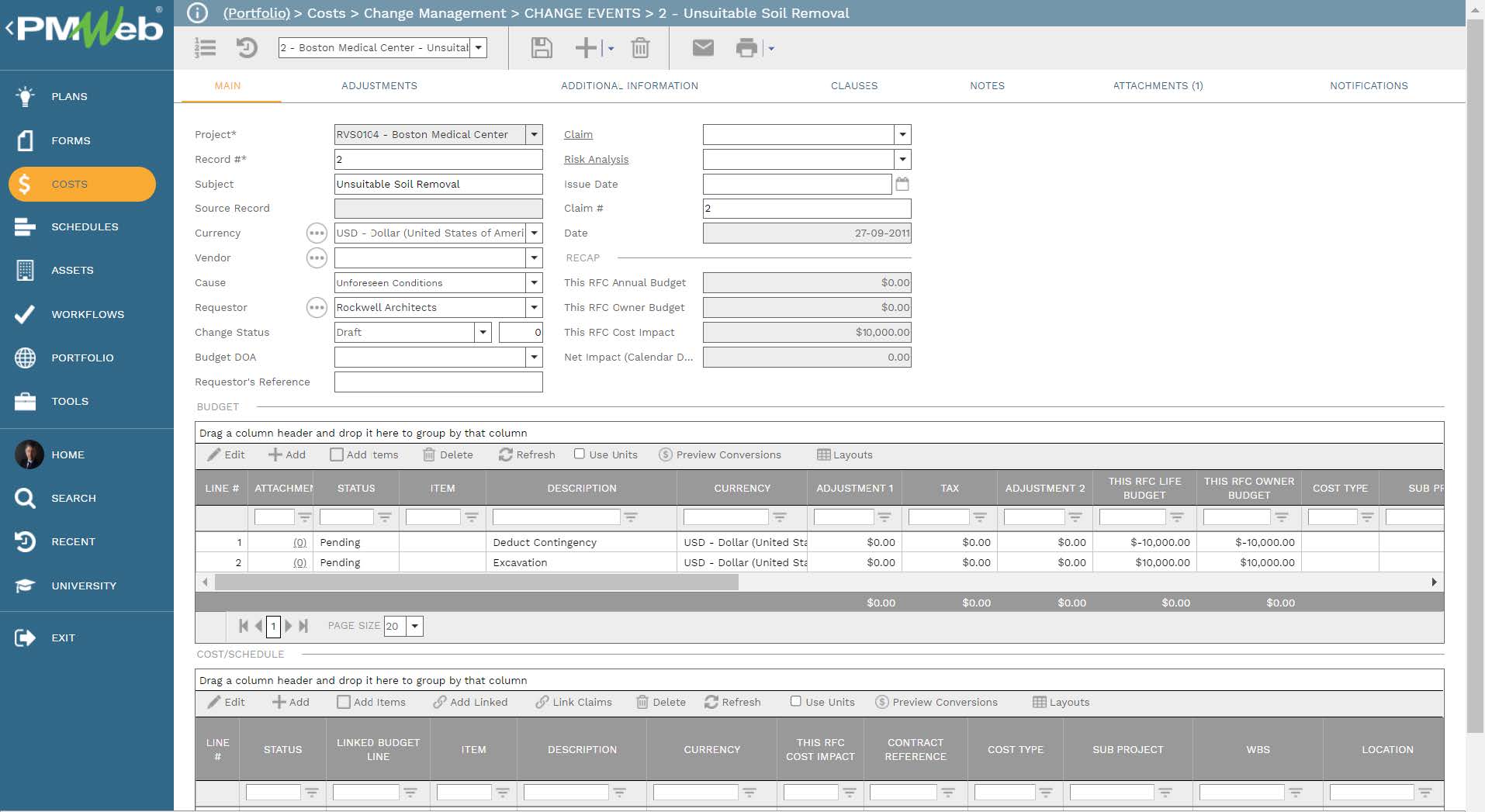 PMWeb 7 Costs Change Management Change Events Unsuitable Still Removal Main 