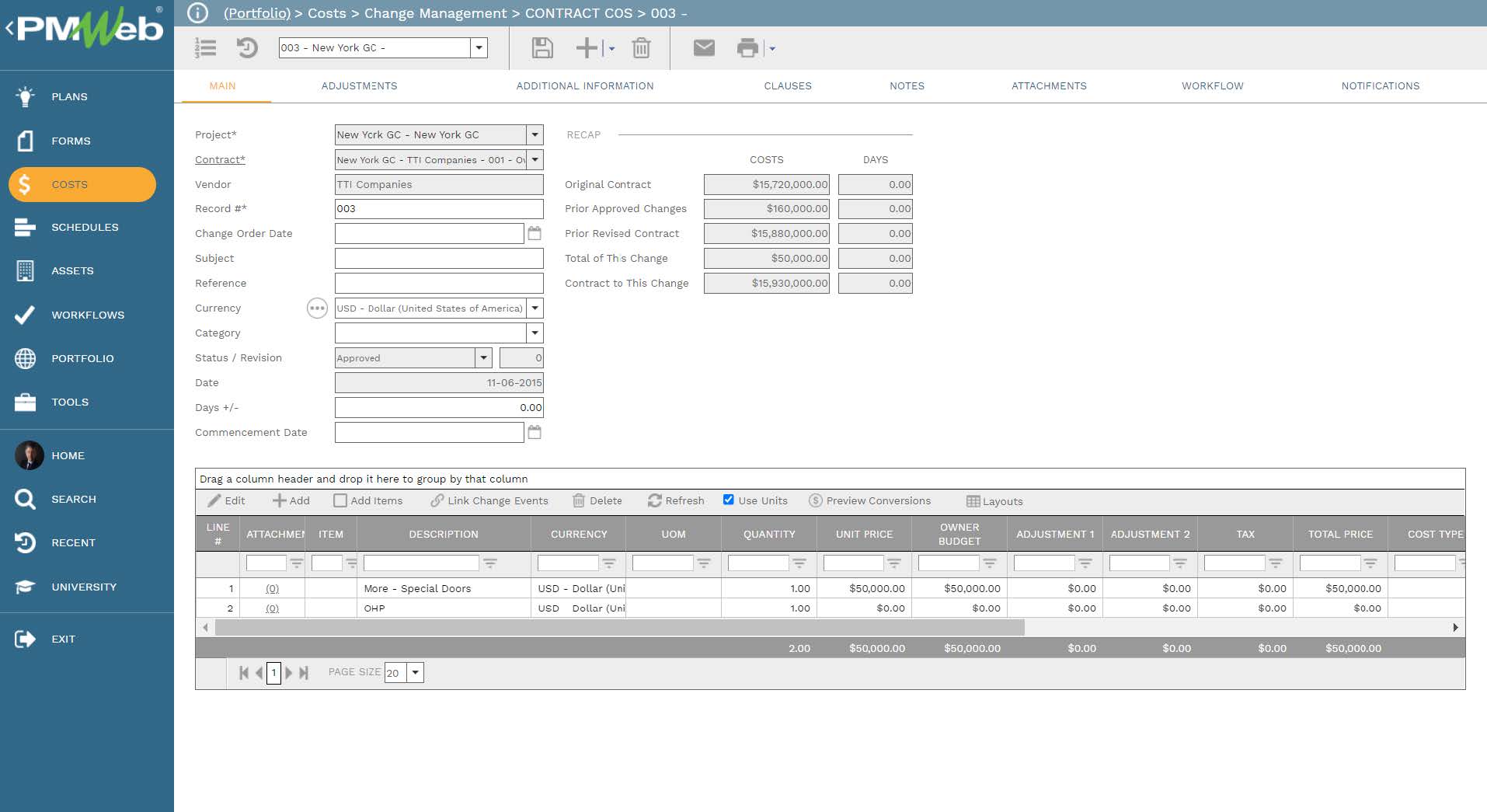 PMWeb 7 Costs Change Management  Contract COS Main 