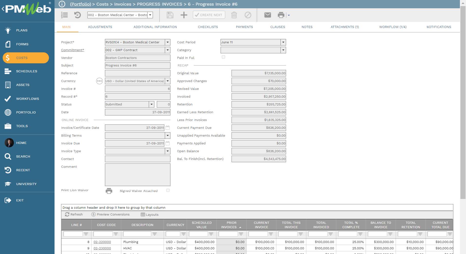 PMWeb 7 Costs Invoices Progress Invoices Main 