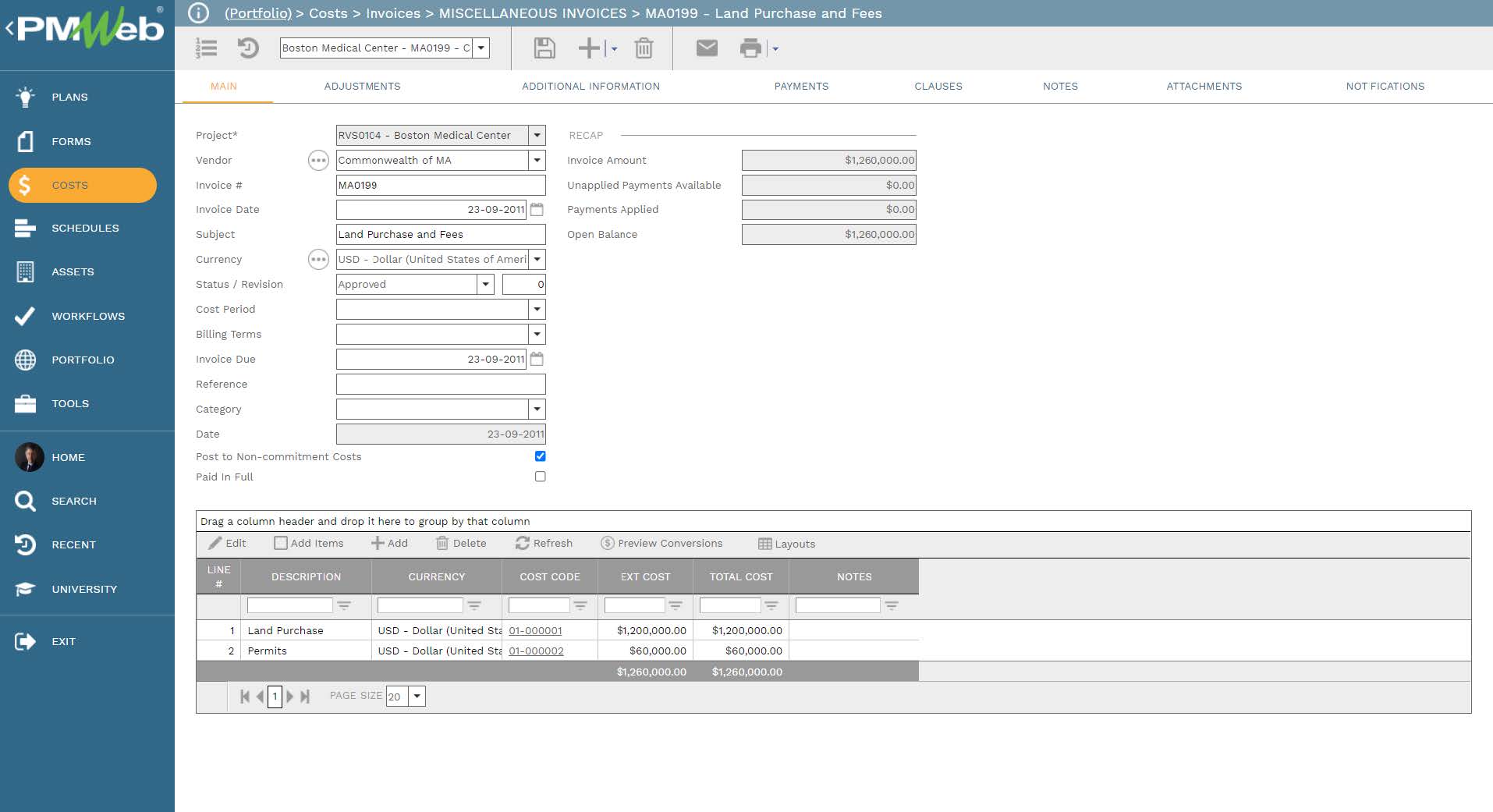 PMWeb 7 Costs Invoices Miscellaneous Invoices Main 