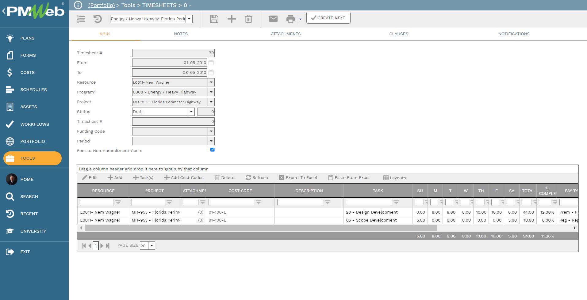 PMWeb 7 Tools Timesheets Main 