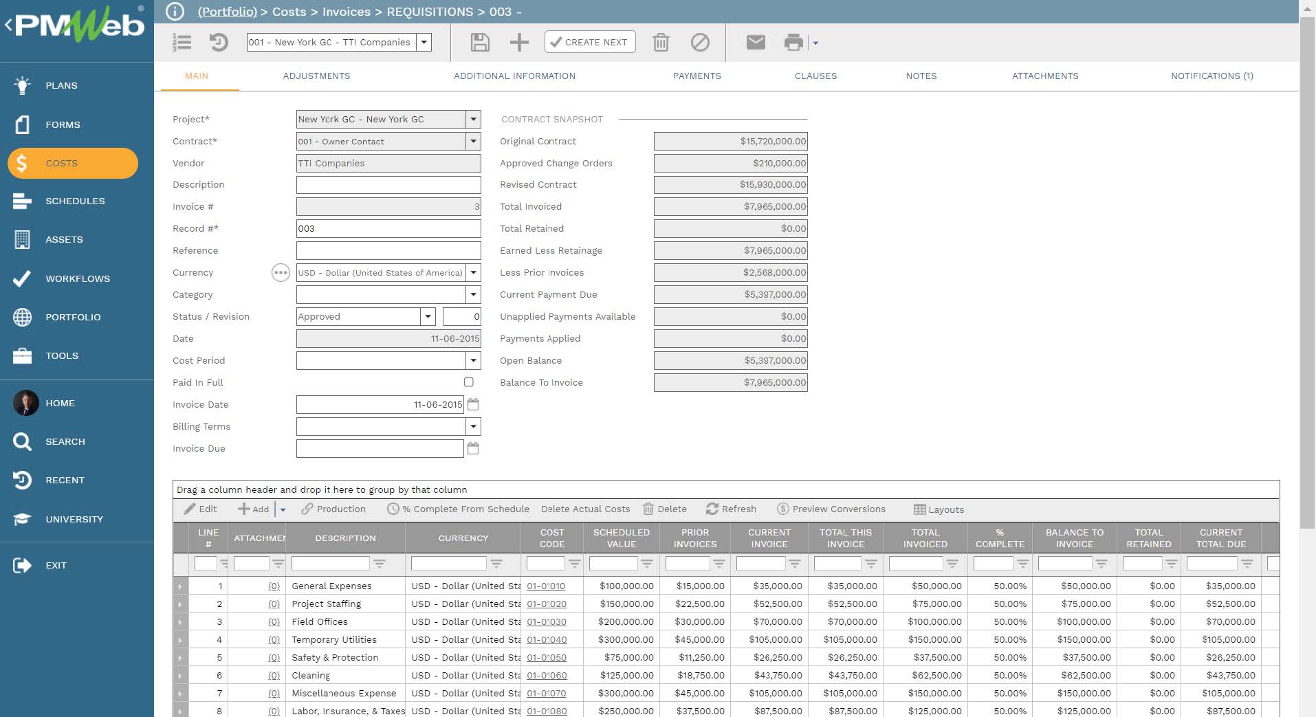 PMWeb 7 Costs Invoices Requisitions Main 