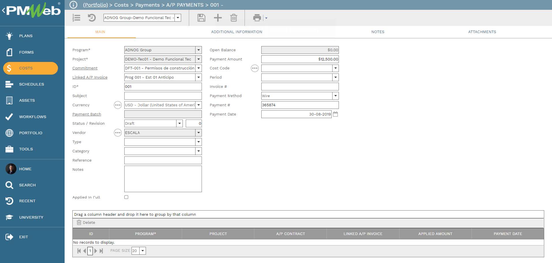 PMWeb 7 Costs Payments A/P Payments Main 