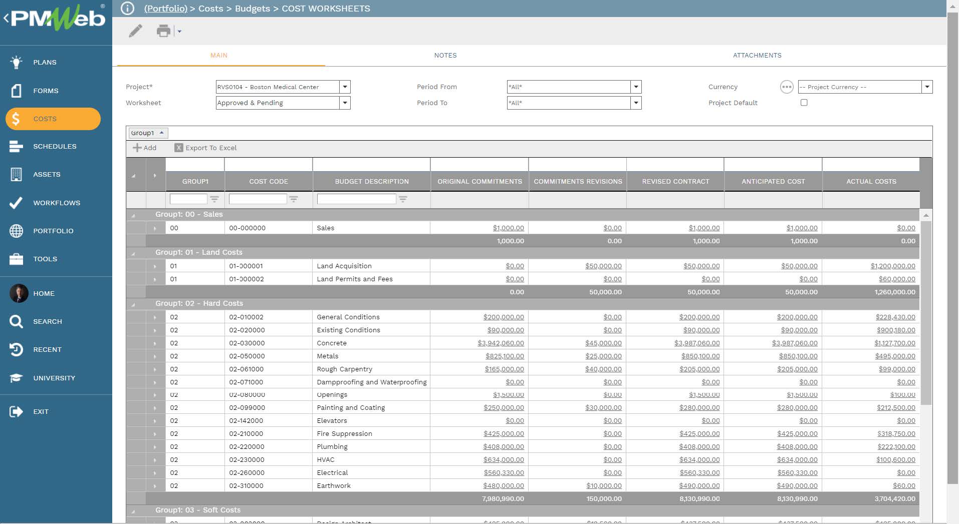 PMWeb 7 Costs Budgets Cost Worksheets Main 