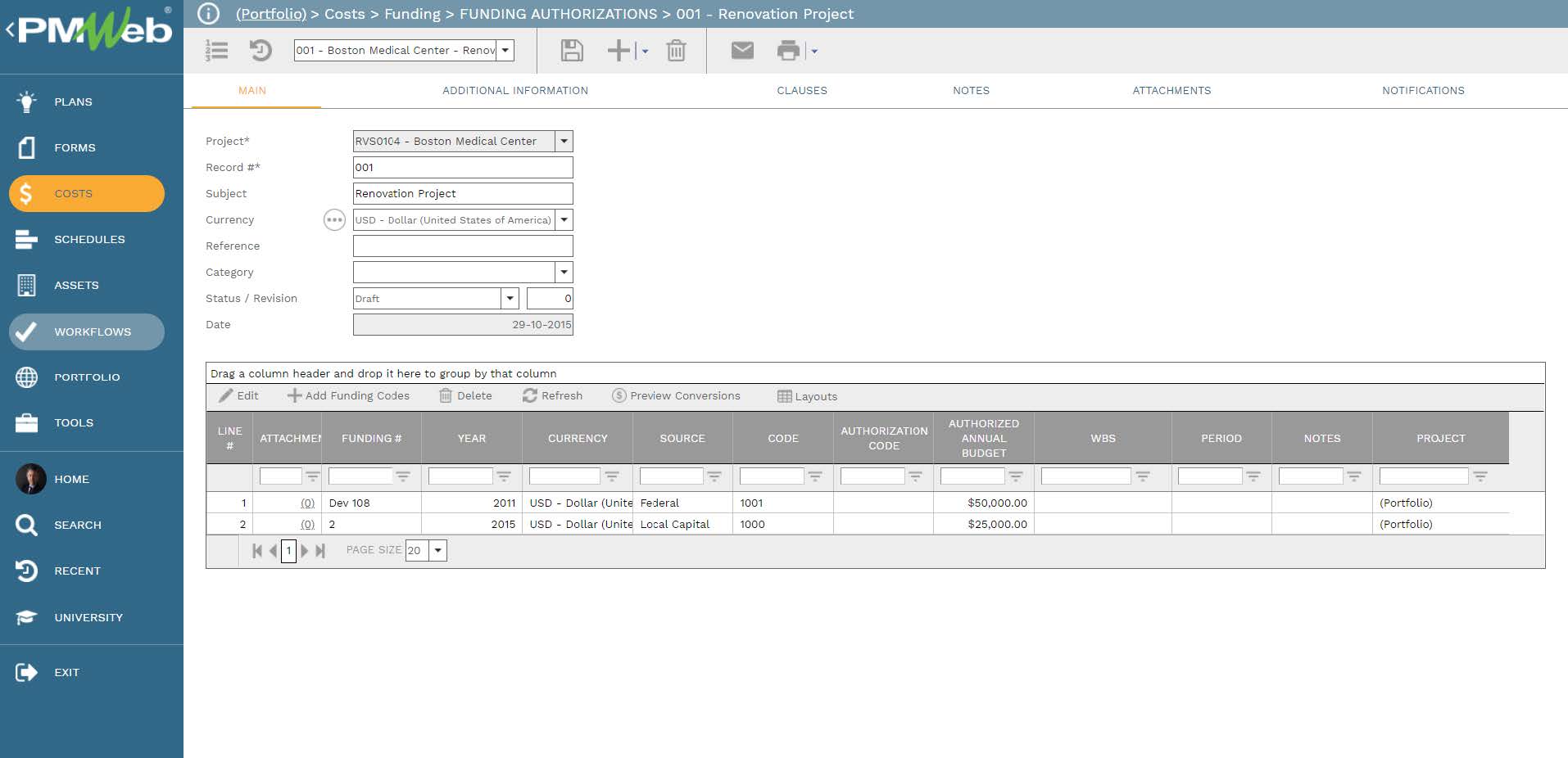 PMWeb 7 Costs Funding Funding Authorization Renovation Project Main 