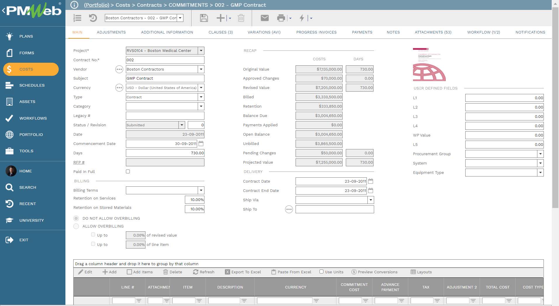 PMWeb 7 costs Contracts Commitments GMP Contract Main 