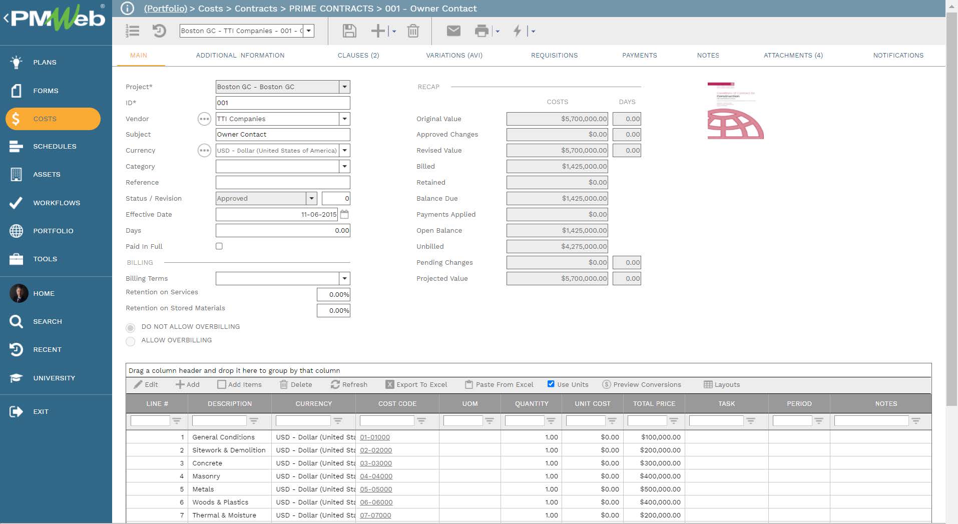 PMWeb 7 costs Contracts Prime Contracts Owner Contact Main 