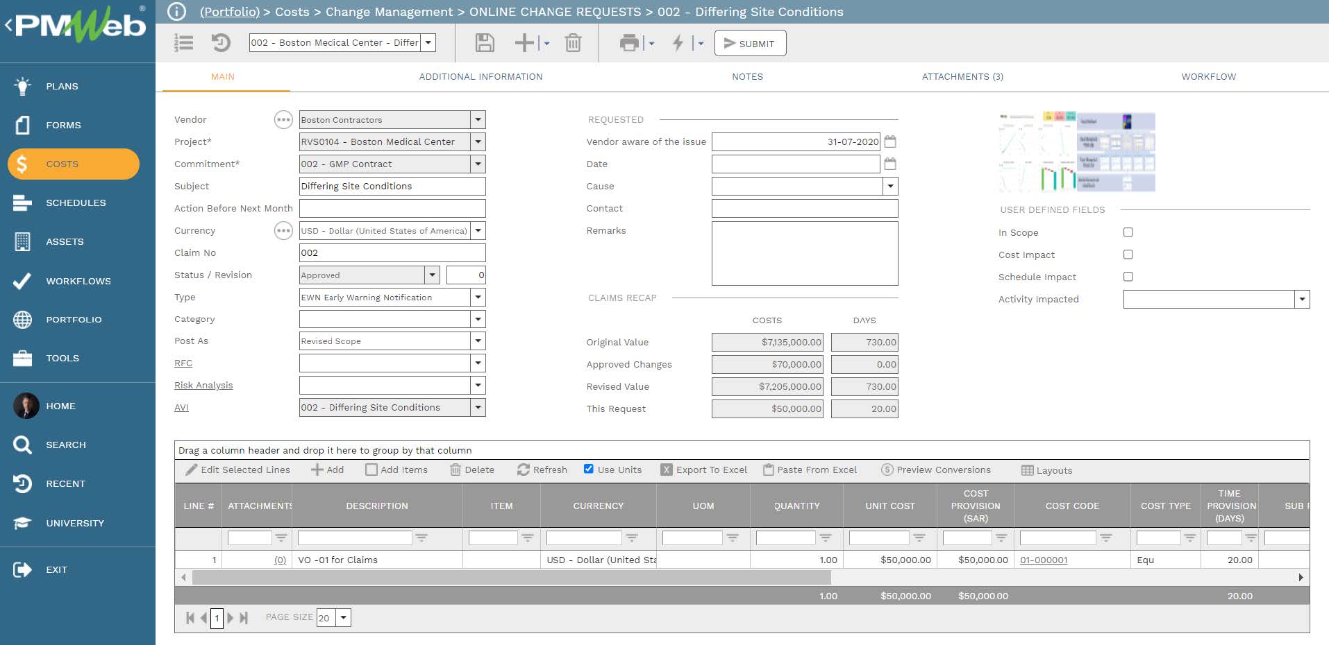 PMWeb 7 Costs Change Managment Online Change Request Differing Site Conditions 