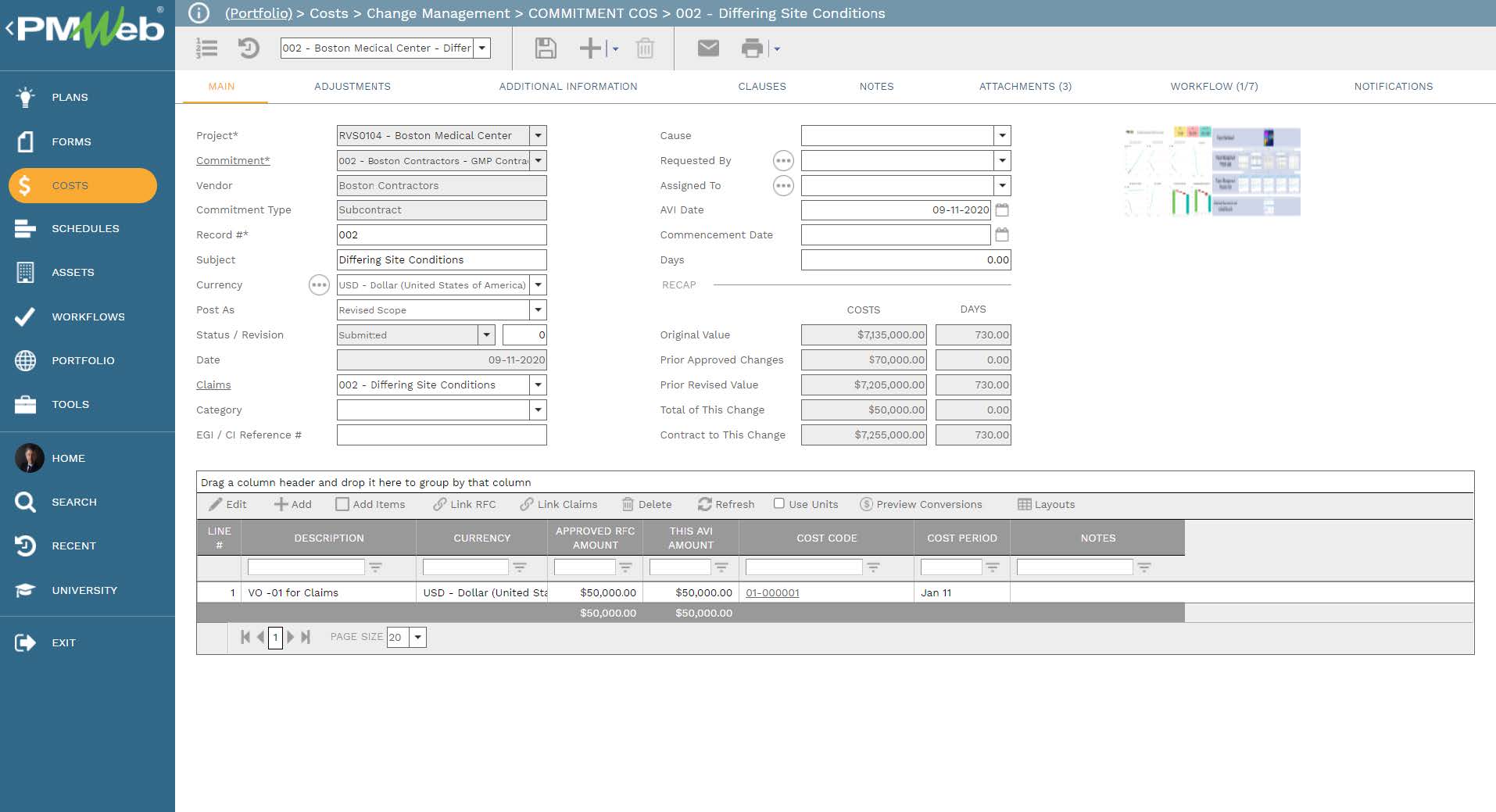 PMWeb 7 Costs Change Managment Commitment COS Differing Site Conditions Main 