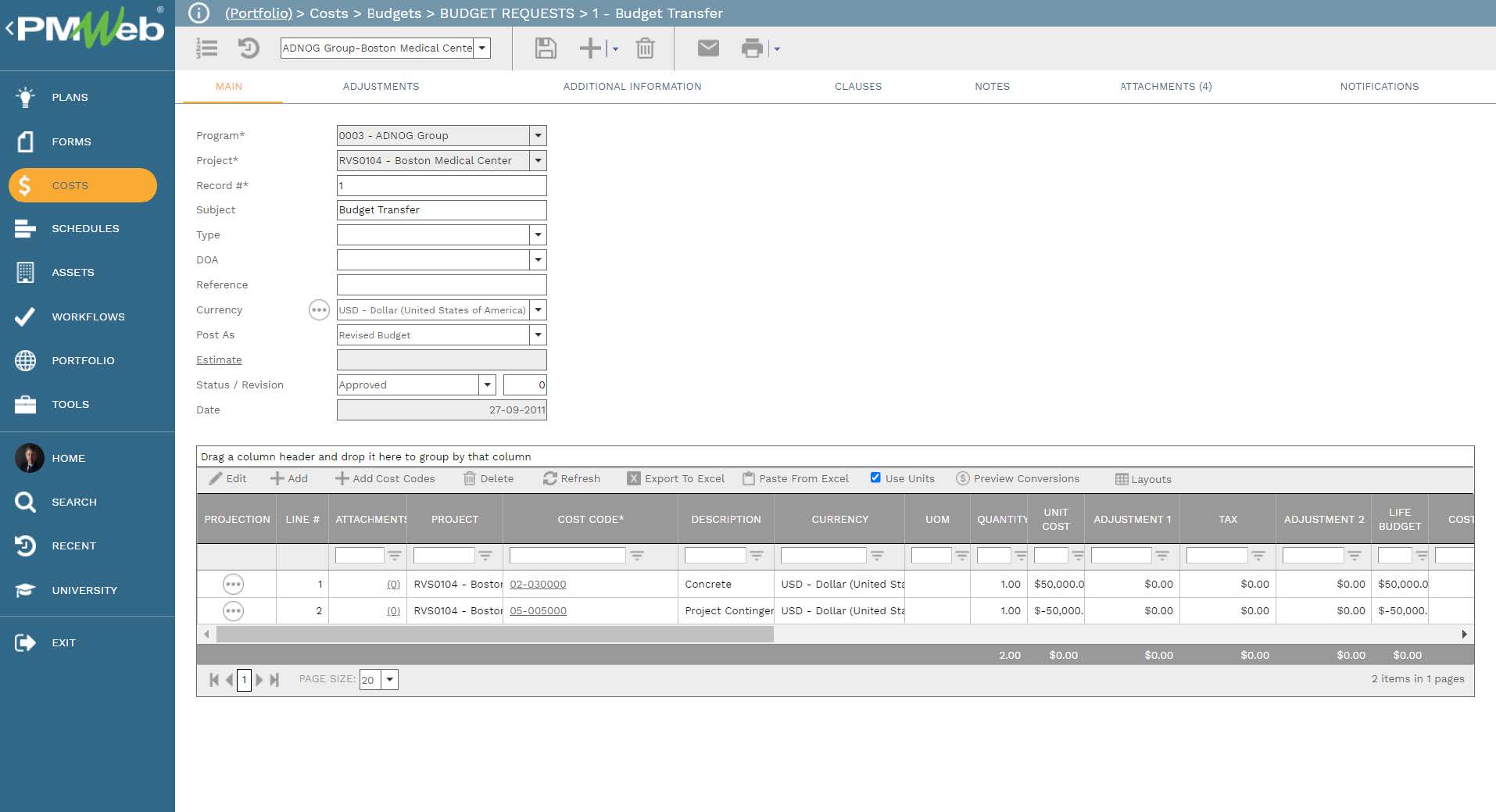 PMWeb 7 Costs Budgets Budget Requests Budget Transfer Main 