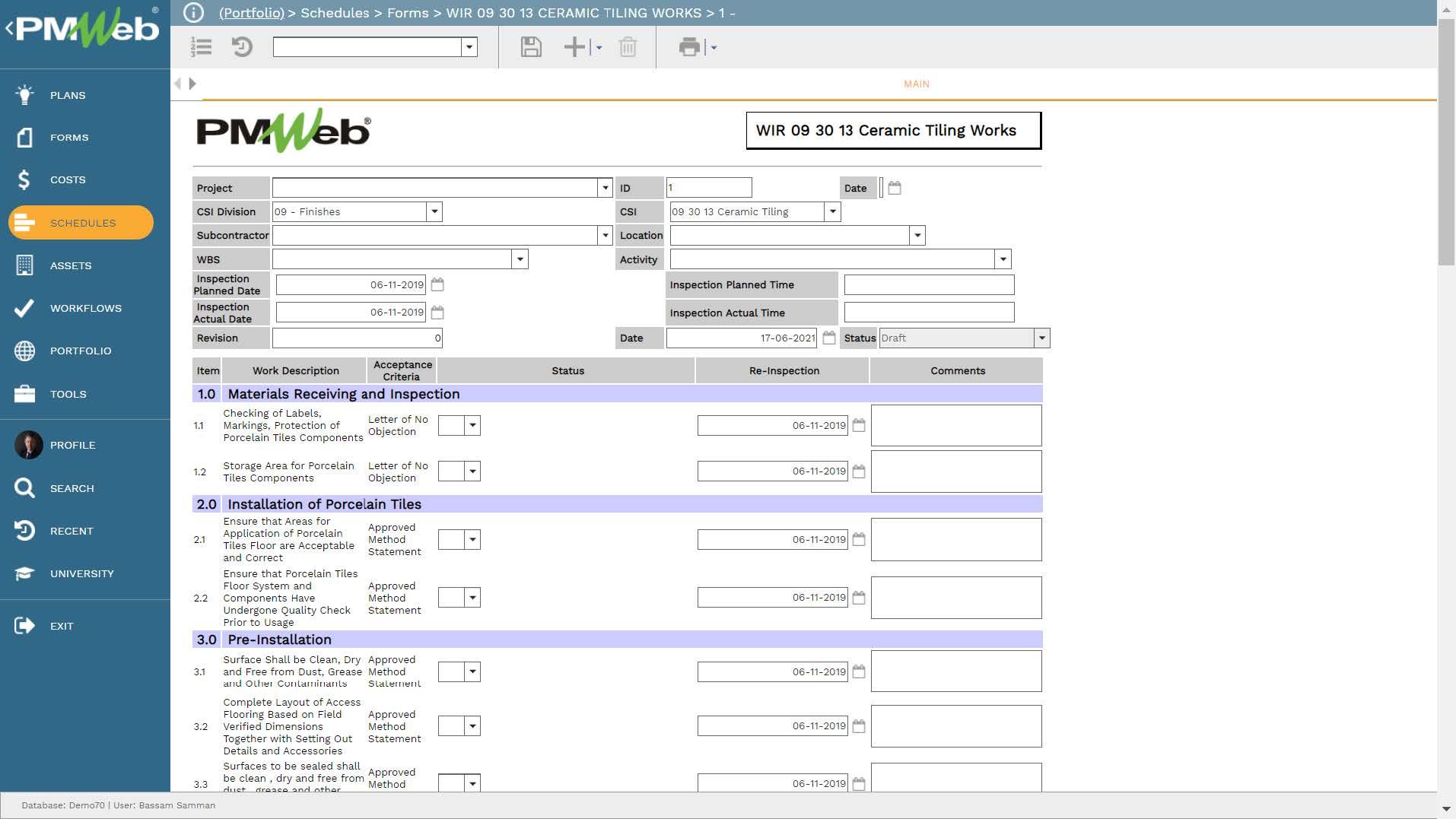 PMWeb 7 Schedules Forms Main