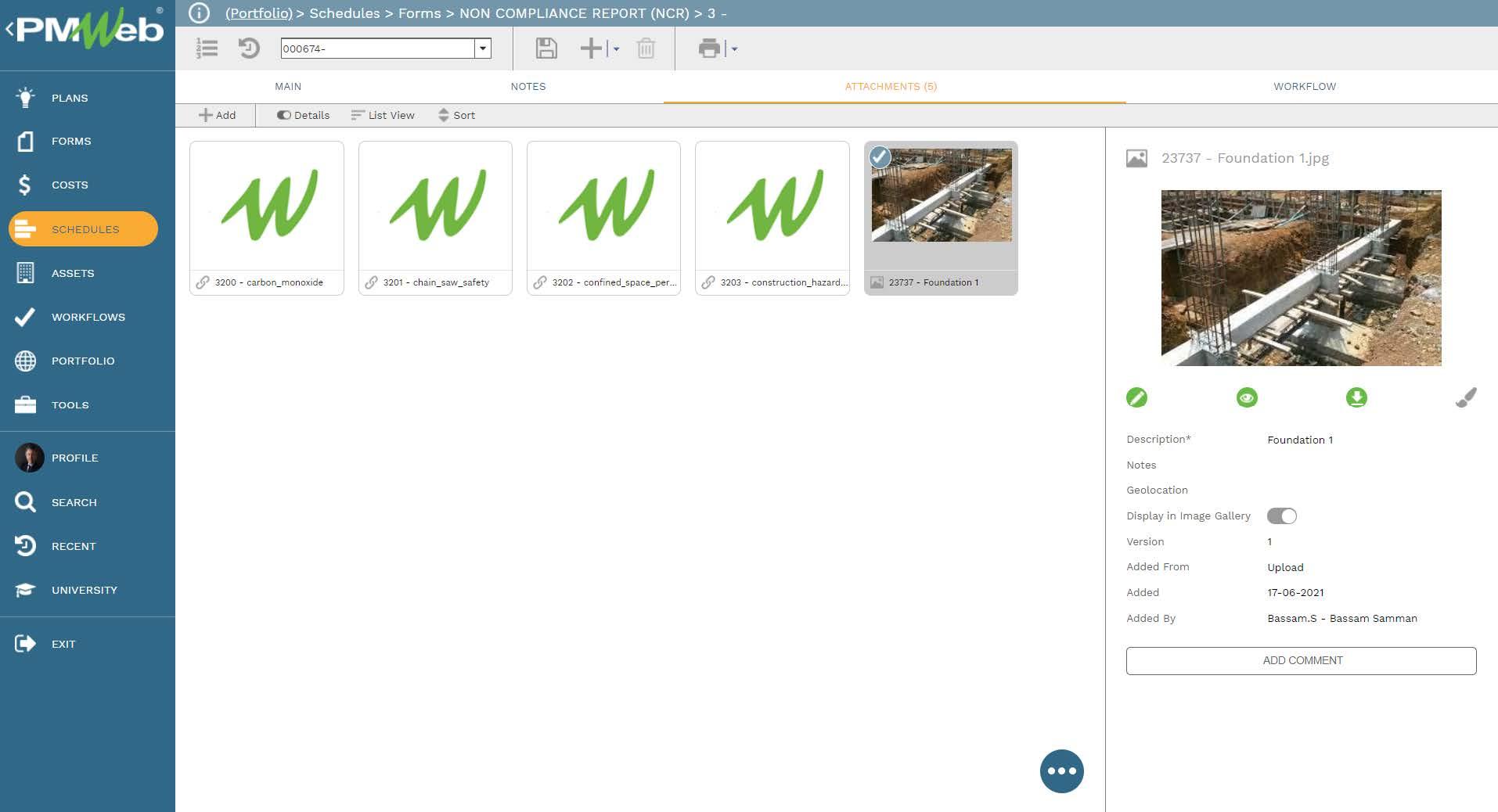 PMWeb 7 Schedules Forms Non Compliance Report Attachments