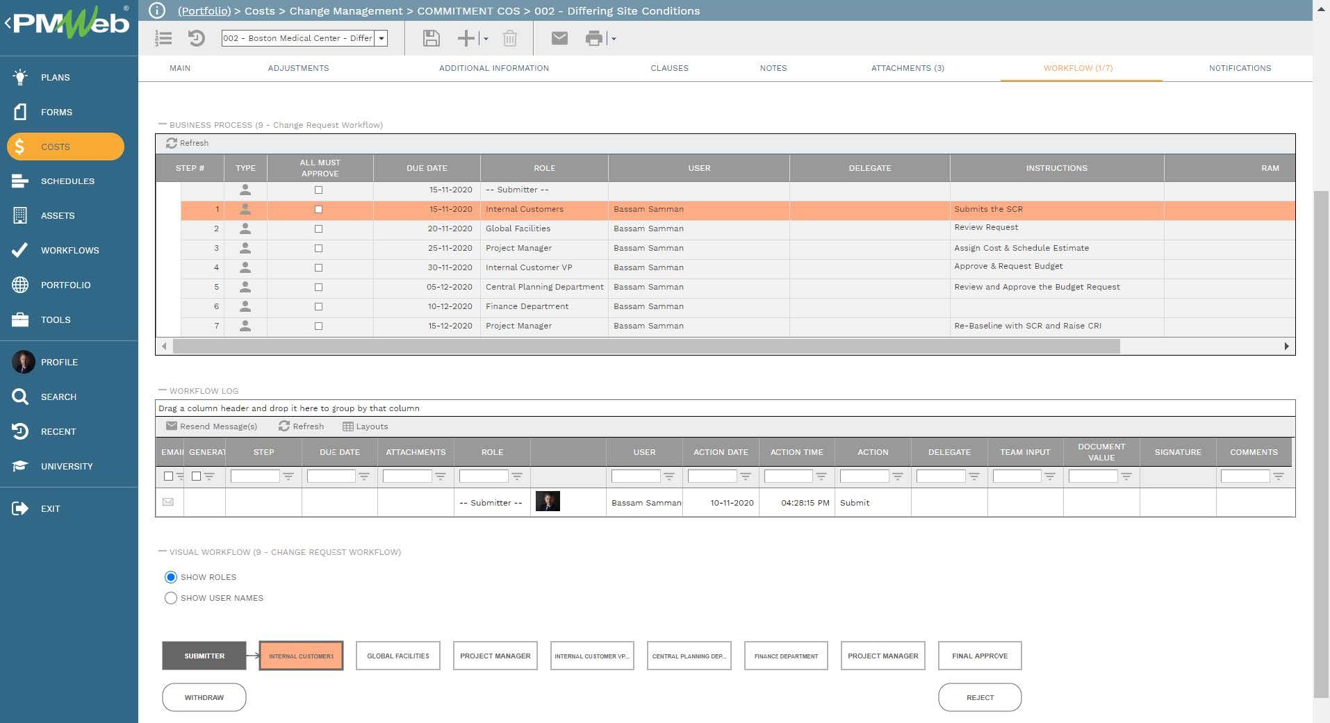 PMWeb 7 Costs Change Management Commitment COS Differing Site Conditions Workflow 