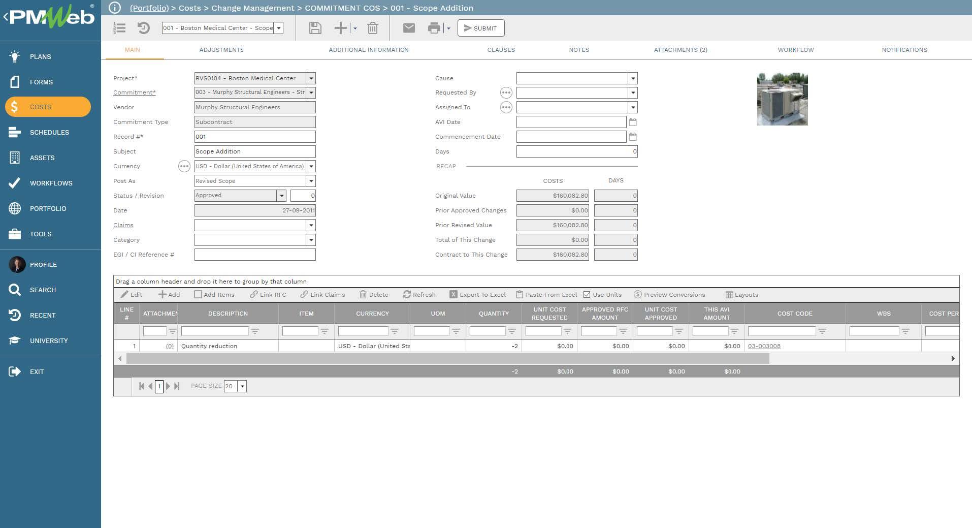 PMWeb 7 Costs Change Management Commitment COS Scope Addition Main