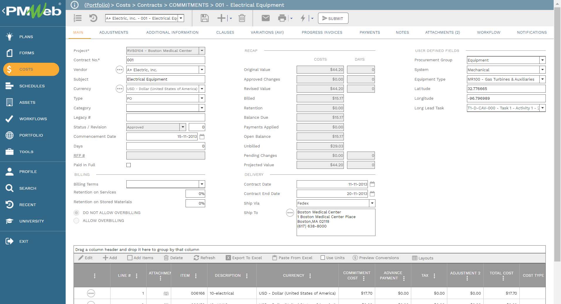 PMWeb 7 Costs Contracts Commitments Electrical Equipment 
Main
