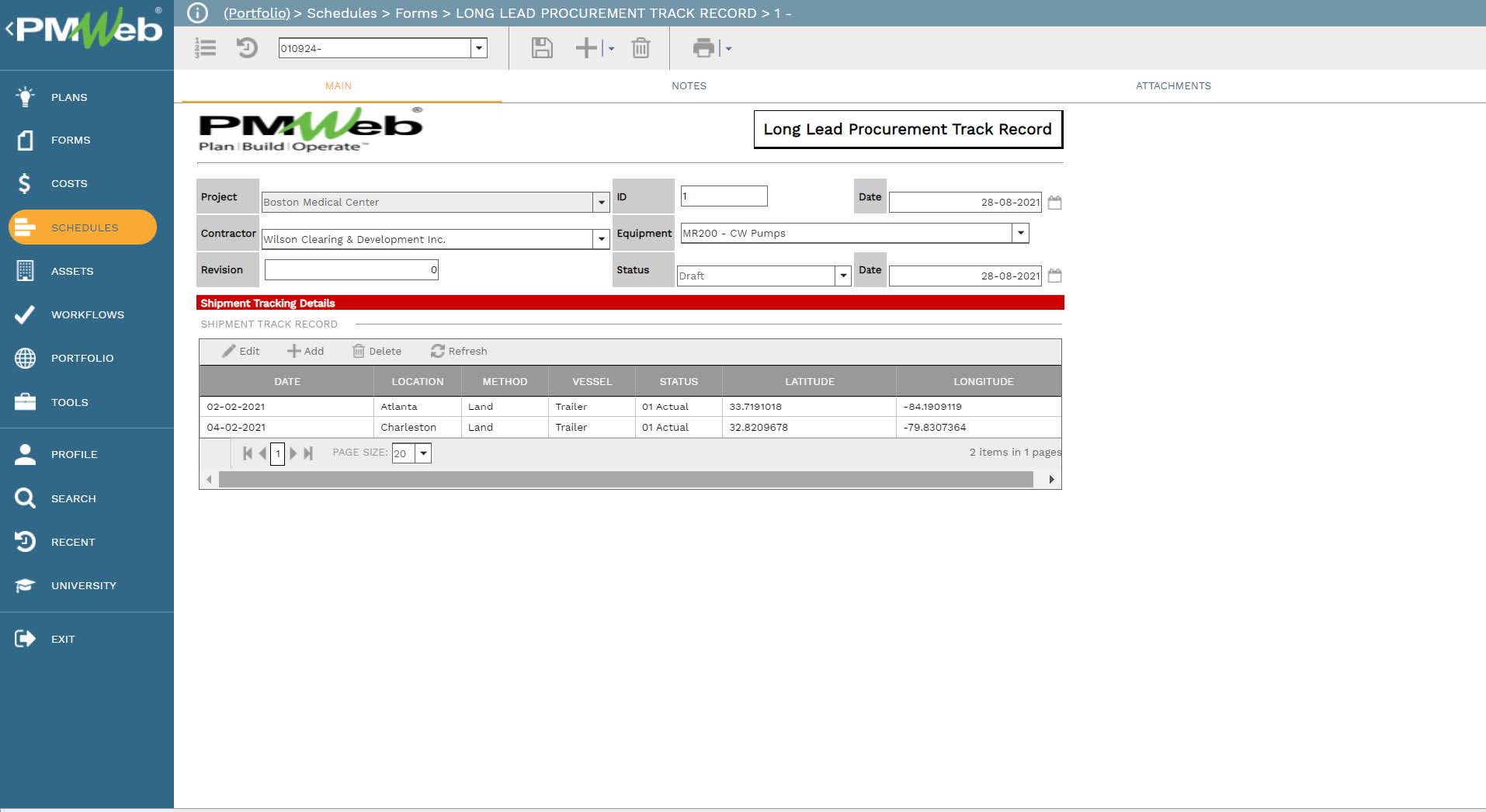 PMWeb 7 Schedules Forms Long Lead Procurement Track Record 
Main