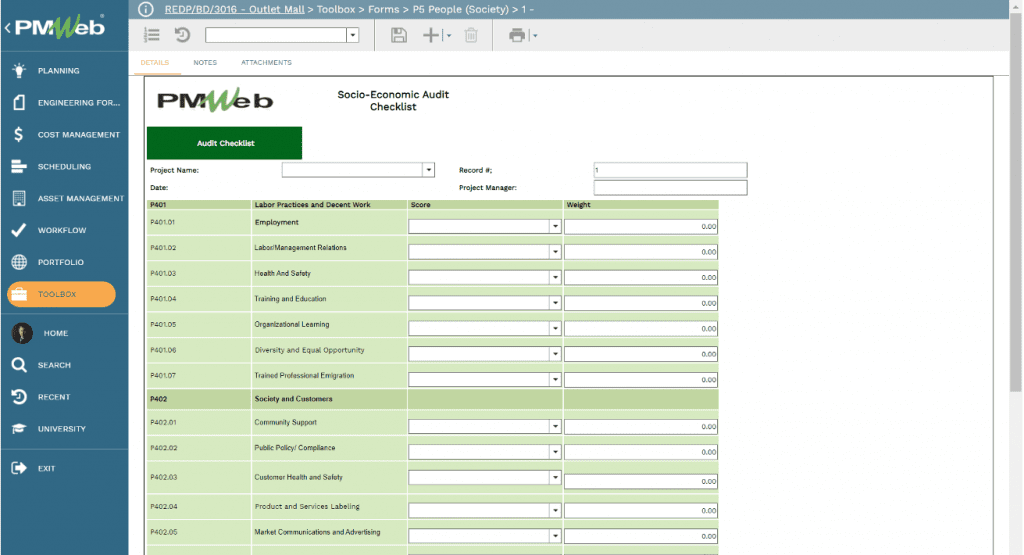 PMWeb 7 Outlet Mail Toolbox Forms Socio-Economic Audit Checklist
