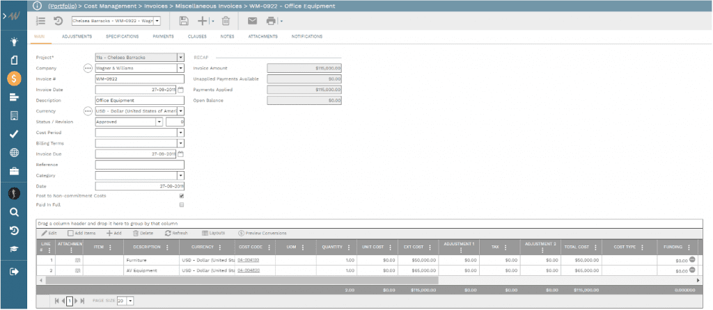 PMWeb 7 Cost Management Invoices Miscellaneous Invoices for the Cost Value Reconciliation