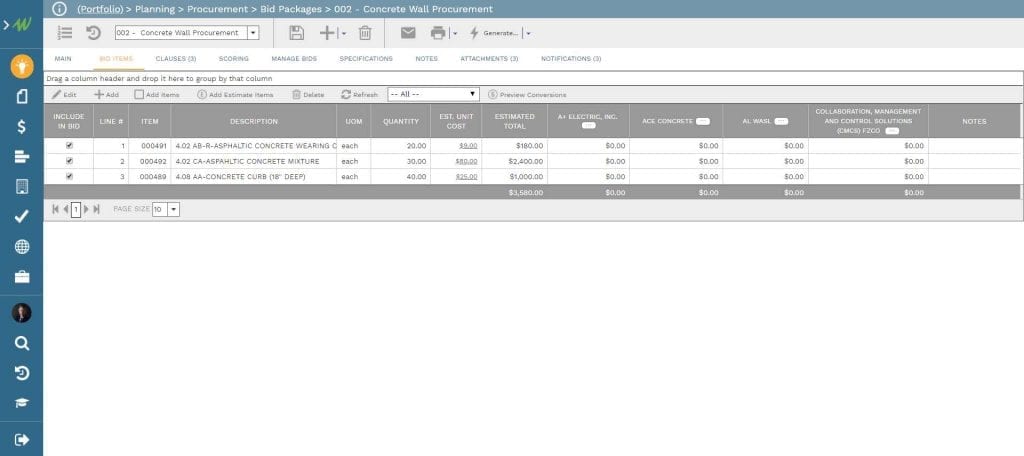 PMWeb 7 Planning e-procurement Bid Packages 