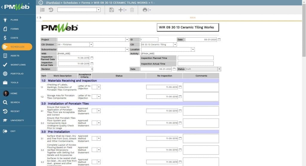 PMWeb7 Schedules Forms for PMO Processes