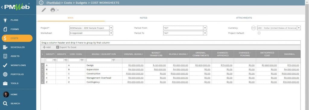 PMWeb 7 Costs Budgets Cost Worksheets from PMO Processes for Public Sector Entities