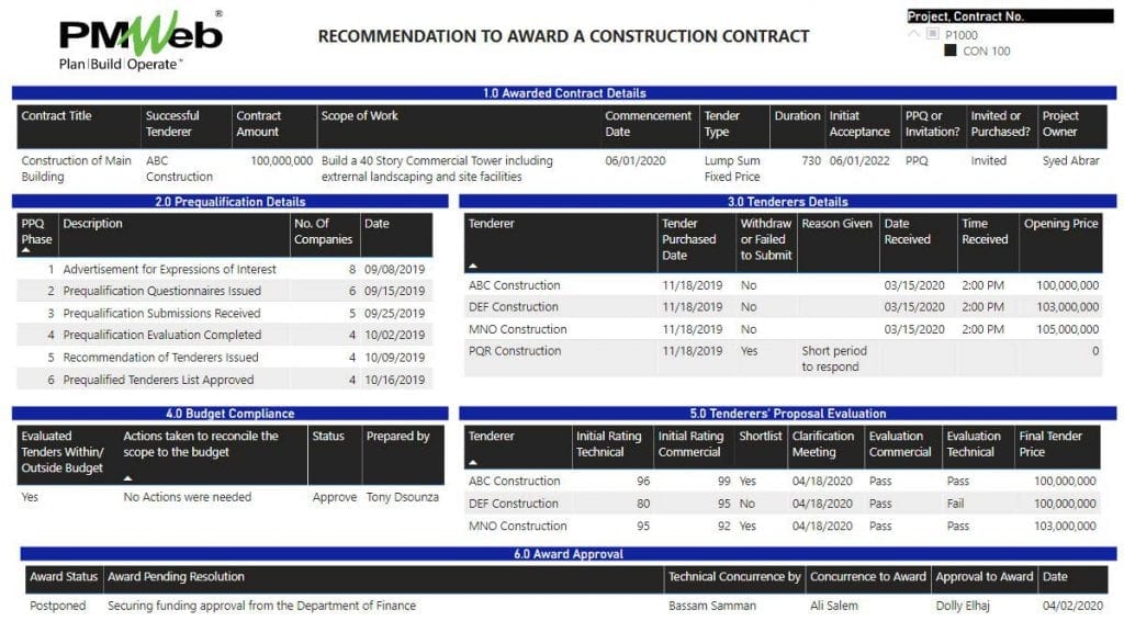 Creating an Auditable and Traceable Recommendation to Award a Construction Contract Agreement