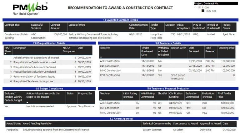 PMWeb 7 Recommendation to Award a Construction Contract
