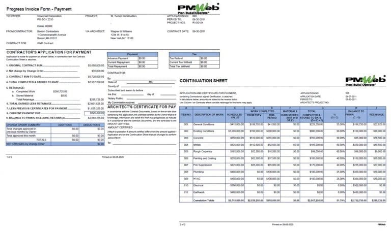 PMWeb 7 Progress Invoice Form Payment Continuation Sheet