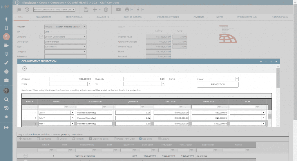 PMWeb 7 Costs Contracts Commitments Projection for tracking Allocated Short-Term Funds