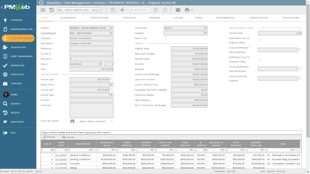 PMWeb 7 Cost Management Invoices Progress Invoices for Earned Value Management Analysis