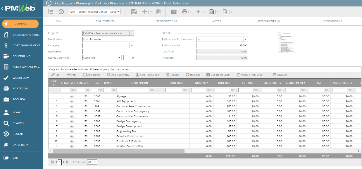 PMWeb 7 Planning Portfolio Planning Estimates Cost Estimate